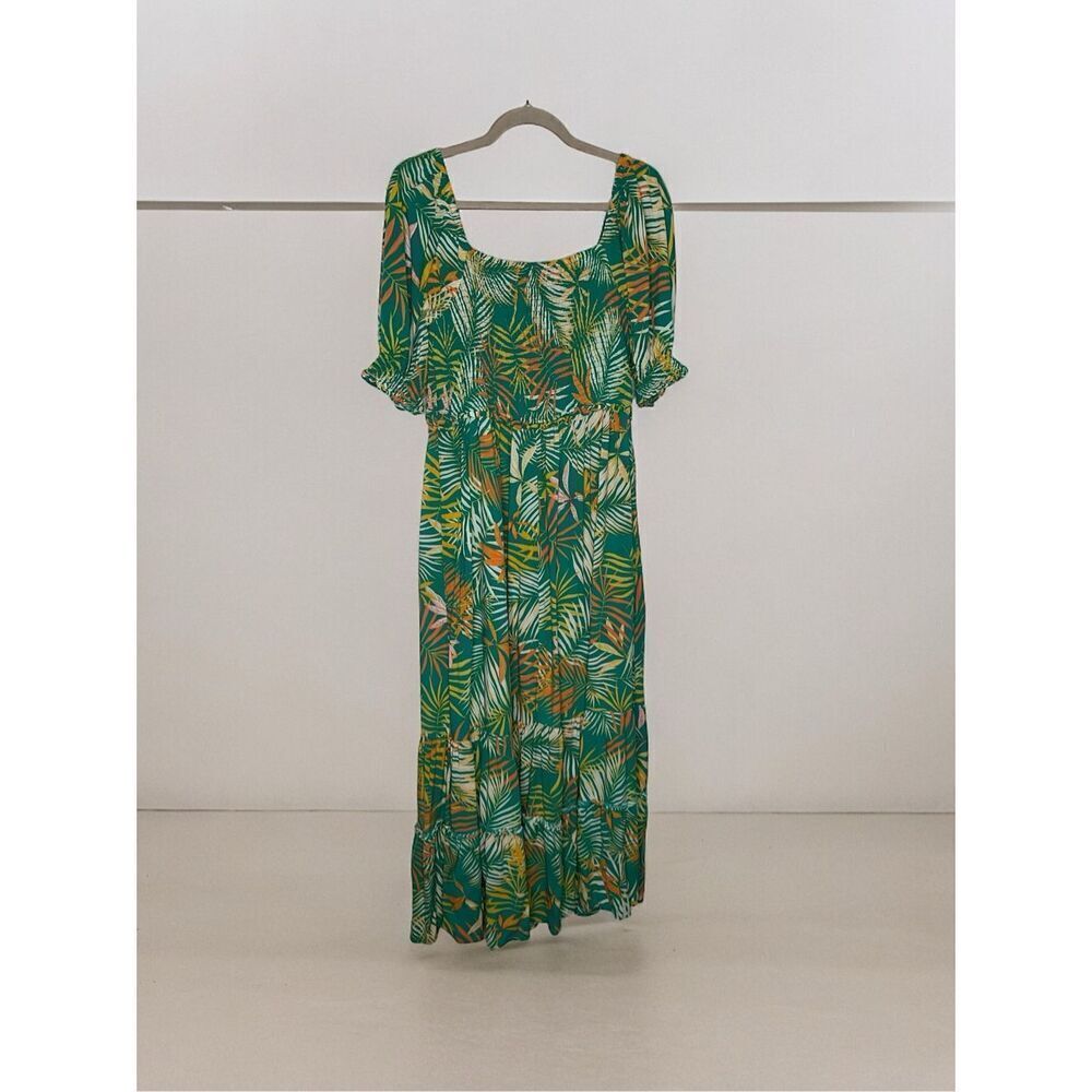 Betsey Johnson XL Maxi Dress Square Neck Puff Sleeves Tropical Pepper Green - Picture 6 of 9